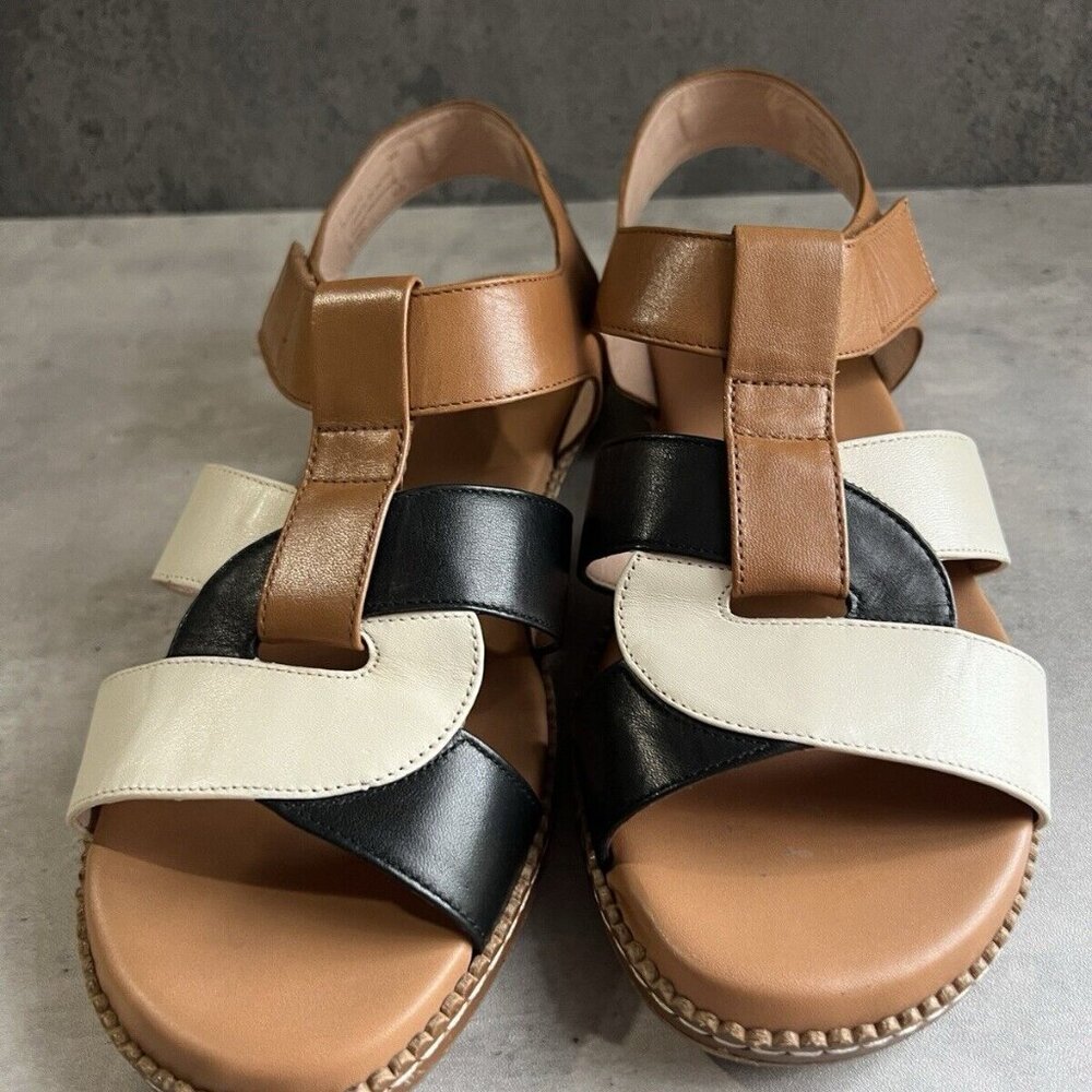 Cole Haan Cloudfeel Fisherman Black Ivory Leather Open Toe Flats Sandals Sz 8 B